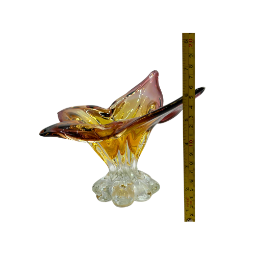 Vtg Murano Style Butterfly Pedestal Bowl Hand Blown Cranberry Amber Omber