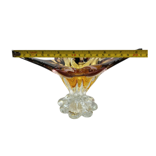 Vtg Murano Style Butterfly Pedestal Bowl Hand Blown Cranberry Amber Omber