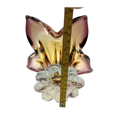 Vtg Murano Style Butterfly Pedestal Bowl Hand Blown Cranberry Amber Omber