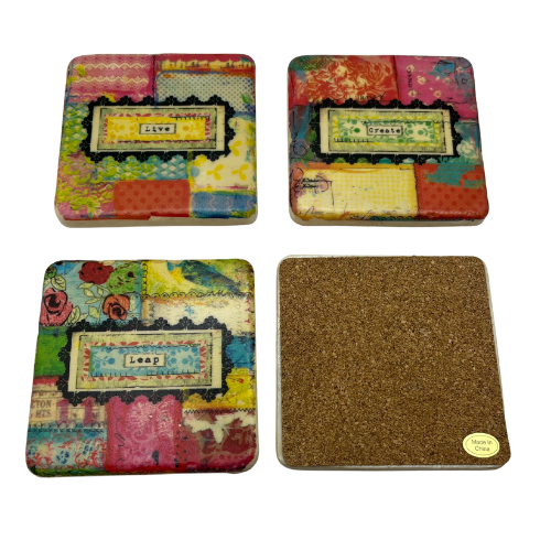 New Christy Tomlinson Designs Inspire Coasters Set of 4 Cork Back 3.75" by 3.75"