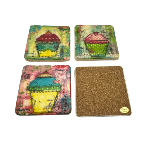 Christy Tomlinson Designs Cupcake Coasters Cork Backing New Set of 4