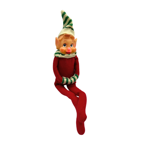 Vtg Knee Hunger Christmas Elf Pixie Ornament Doll Red Suite Green Striped Hat