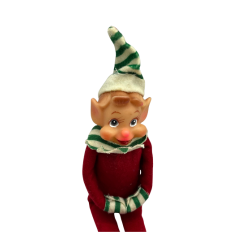 Vtg Knee Hunger Christmas Elf Pixie Ornament Doll Red Suite Green Striped Hat