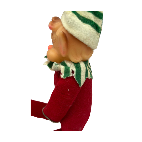 Vtg Knee Hunger Christmas Elf Pixie Ornament Doll Red Suite Green Striped Hat
