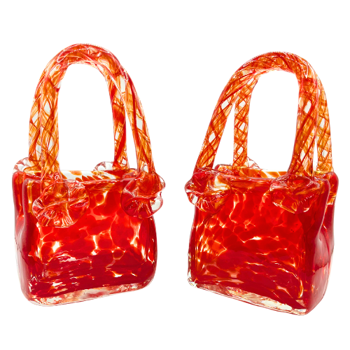 Vintage Art Glass Purses Red Clear Splatter Handblown Glass Set of 2