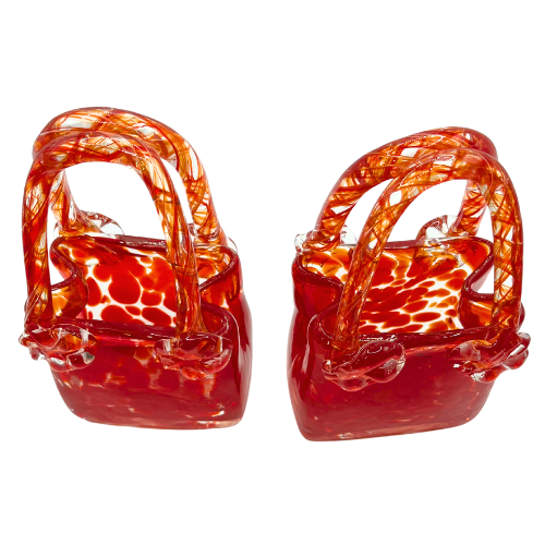 Vintage Art Glass Purses Red Clear Splatter Handblown Glass Set of 2