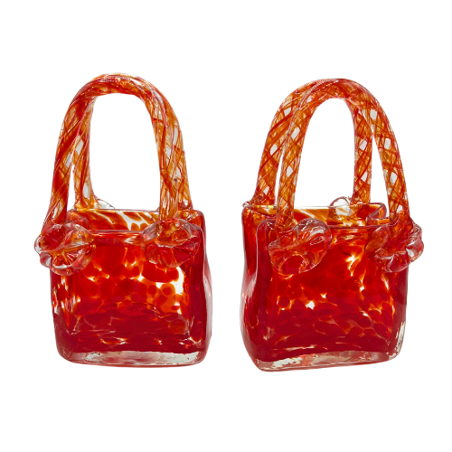 Vintage Art Glass Purses Red Clear Splatter Handblown Glass Set of 2