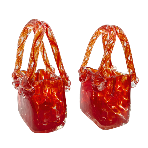 Vintage Art Glass Purses Red Clear Splatter Handblown Glass Set of 2