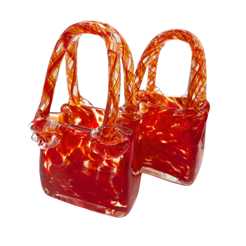 Vintage Art Glass Purses Red Clear Splatter Handblown Glass Set of 2