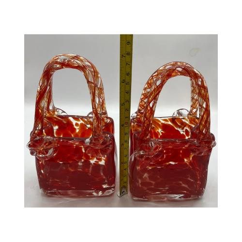 Vintage Art Glass Purses Red Clear Splatter Handblown Glass Set of 2