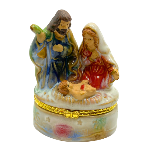 Vintage Nativity Trinket Box Christmas Decor 4" by 2.5" Porcelain
