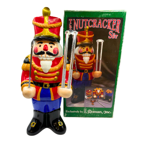 Vtg Christmas Ceramic Nutcracker Roman Inc. Snack Nut Holder Set with Box