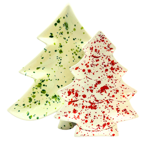 Vintage Christmas Tree Ceramic Splatter Paint Candy Dishes 1970s Holiday Decor (Set of 2)