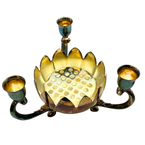 Vintage Lotus Flower Candle Holders Silver Plated Flower Frog Centerpiece Bowl with Patina Made in Hong Kong