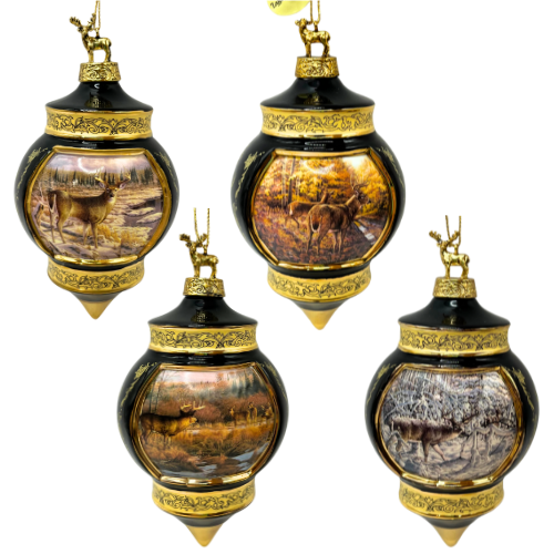 Vintage Bradford Exchange Woodland Tranquility Heirloom Ornament 2000 Collection Black with Gold Accents Set of 4 - As Is