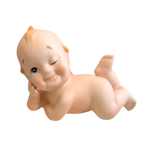 Vtg 1950’s  Kewpie Doll Lefton Bisque Porcelain Kitsch Laying On Belly Winking Figurine