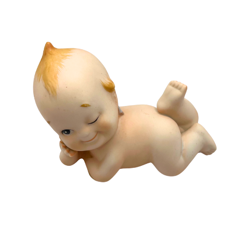 Vtg 1950’s  Kewpie Doll Lefton Bisque Porcelain Kitsch Laying On Belly Winking Figurine