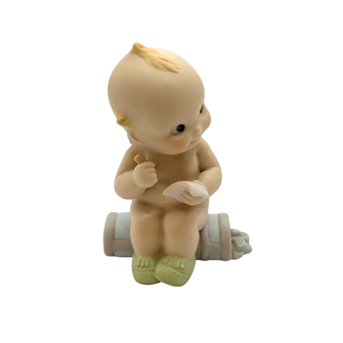 Vtg Kewpie Doll Golfer Sitting On Clubs Bisque Blue Wing Cherub Figurine 1991
