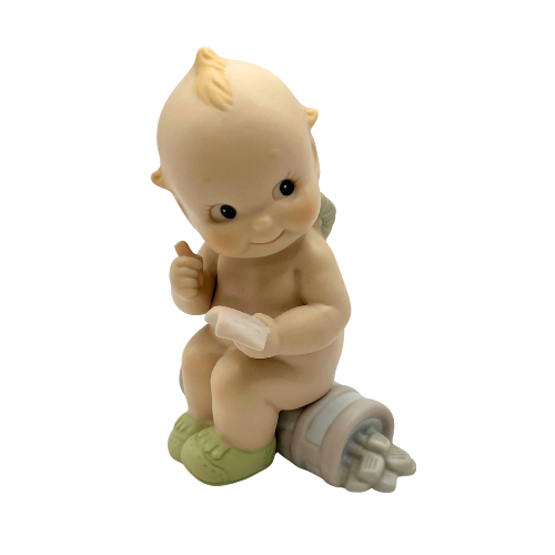 Vtg Kewpie Doll Golfer Sitting On Clubs Bisque Blue Wing Cherub Figurine 1991