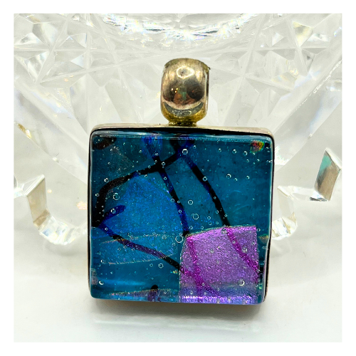 Vintage  Sterling Silver Dichroic Blue Art Glass Pendant Signed R.G  925