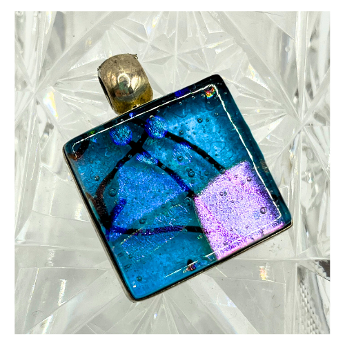 Vintage  Sterling Silver Dichroic Blue Art Glass Pendant Signed R.G  925
