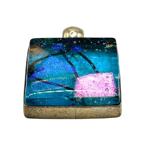 Vintage  Sterling Silver Dichroic Blue Art Glass Pendant Signed R.G  925