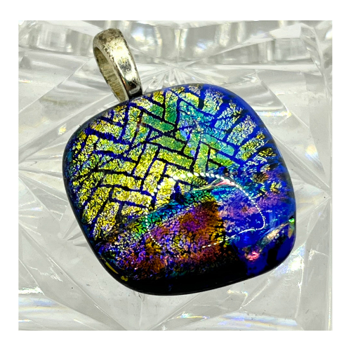 Dichroic Art Glass Square Pendant Multicolor with Sliver Tone Bale