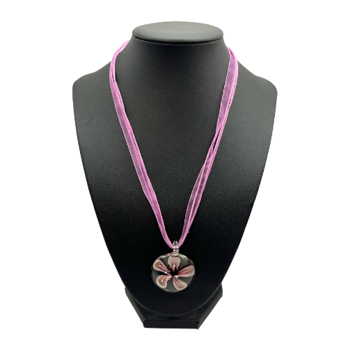 Vintage Lavender Floral Glass Pendent Four Strand Necklace Hand Blown Lavender Cord and Sheer Ribbon