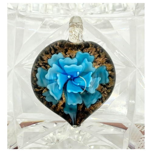 Vintage Murano Style Glass Pendant with Blue Floral and Copper Shipper Accents * See Description