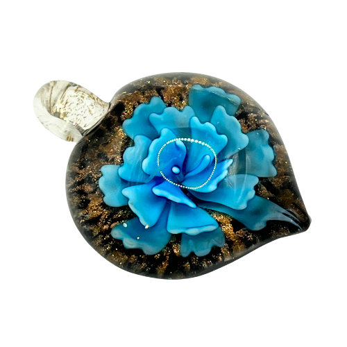Vintage Murano Style Glass Pendant with Blue Floral and Copper Shipper Accents * See Description