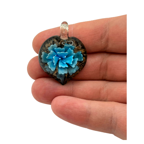 Vintage Murano Style Glass Pendant with Blue Floral and Copper Shipper Accents * See Description
