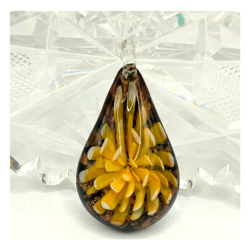 Vintage Murano Style Glass Pendant Tear Drop with Orange Cream Floral and Copper Shipper Accents