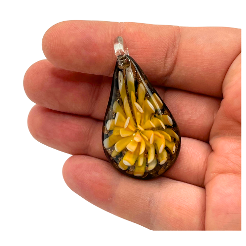 Vintage Murano Style Glass Pendant Tear Drop with Orange Cream Floral and Copper Shipper Accents