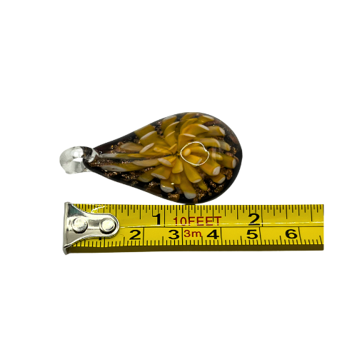 Vintage Murano Style Glass Pendant Tear Drop with Orange Cream Floral and Copper Shipper Accents