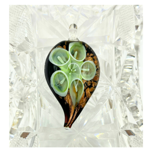 Vintage Murano Style Glass Pendant Raindrop with Soft Green Floral and Copper Shipper Accents