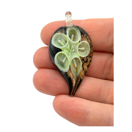 Vintage Murano Style Glass Pendant Raindrop with Soft Green Floral and Copper Shipper Accents