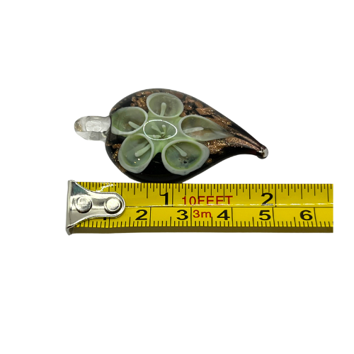 Vintage Murano Style Glass Pendant Raindrop with Soft Green Floral and Copper Shipper Accents