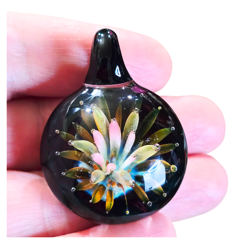 Vintage Signed Andy Ray "Galactic Glass" 3D Floral Implosion Pendant Mint RARE