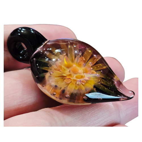 Vintage Signed Andy Ray Pendant Floral Sacred OM Implosion Style Galactic Glass Tear Drop Pendy Shape Style