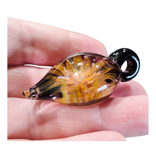 Vintage Signed Andy Ray Pendant Floral Sacred OM Implosion Style Galactic Glass Tear Drop Pendy Shape Style