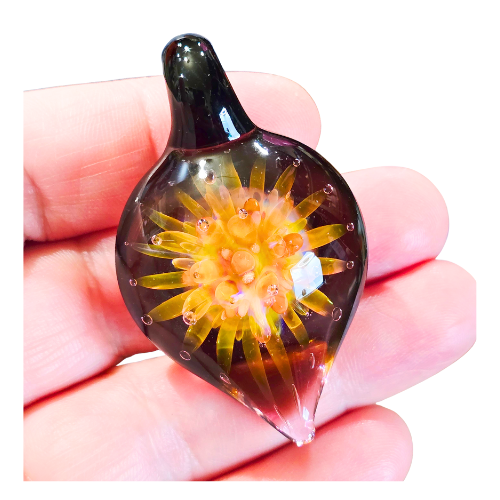 Vintage Signed Andy Ray Pendant Floral Sacred OM Implosion Style Galactic Glass Tear Drop Pendy Shape Style
