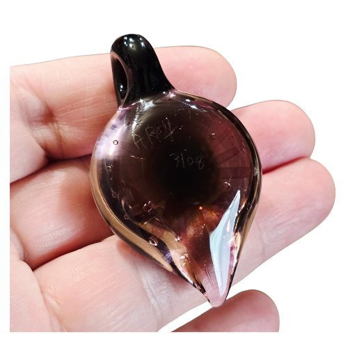Vintage Signed Andy Ray Pendant Floral Sacred OM Implosion Style Galactic Glass Tear Drop Pendy Shape Style