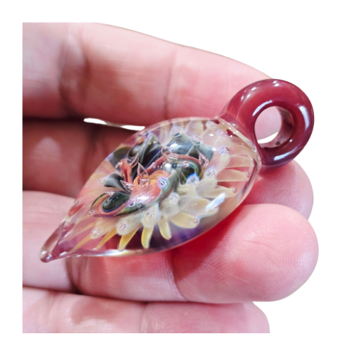 Vintage Signed Andy Ray Pendant Fume Flower Vortex Implosion Style Galactic Glass Tear Drop Pendy Shape Style