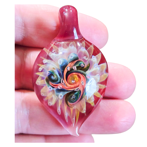 Vintage Signed Andy Ray Pendant Fume Flower Vortex Implosion Style Galactic Glass Tear Drop Pendy Shape Style