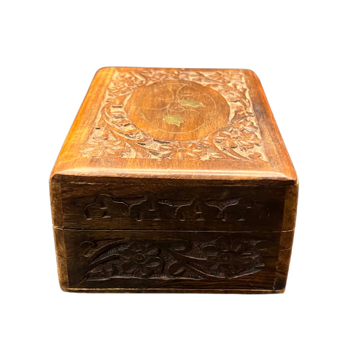 1970s Handmade Hand Carved  Wood Jewelry Ornate Inlay made in India