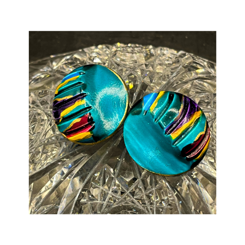 * Vintage Retro Colorful  Hand Painted Clip On Earrings 1.25" in Length