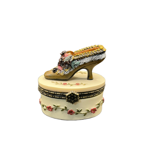 Vintage Oval Ceramic Shoe Trinket Box Hinged Lid Floral Design Jewelry Box