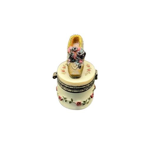 Vintage Oval Ceramic Shoe Trinket Box Hinged Lid Floral Design Jewelry Box