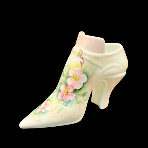 Signed Hand Painted Fine Porcelain Victorian Pointed Toe Shoe Collectable