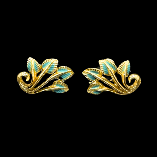 * Vintage Coro Light Blue Leaves Gold Tone Screw Back Earrings Signed